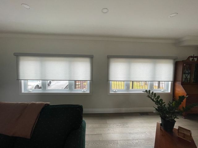 Matching roller shades in a living room