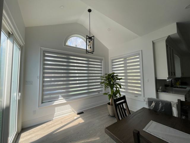 Open concept kitchen and living room shades
